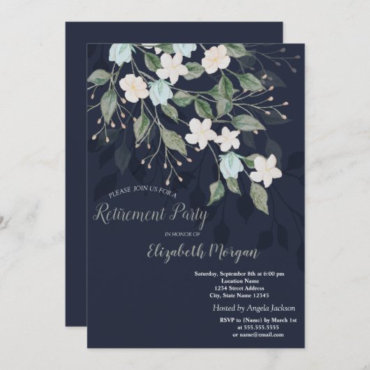 花スタイリッシュネイビーブルー退職金 招待状 (正面/裏面)
