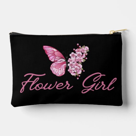 花スタイリッシュ女の子，ピンクの蝶かわいい黒 アクセサリーポーチ (裏面)