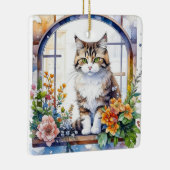 花ストライプのの窓に入った猫パーソナライズされた セラミックオーナメント (右)