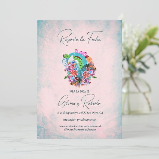 花スペインのハートメキシコの結婚式の日付を保存 招待状 (スタンド正面)