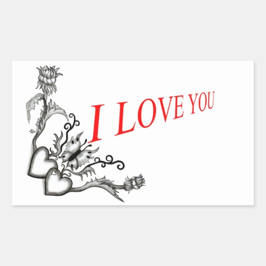 花ハートと蝶 – I Love You 長方形シール (正面)