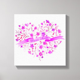 花ハートピンク紫色の名前水彩アート キャンバスプリント