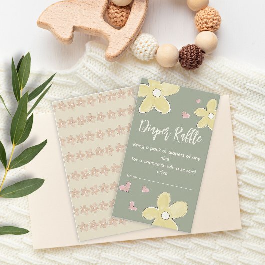 花ハート赤ちゃんシャワー女の子おむつラッフル エンクロージャーカード