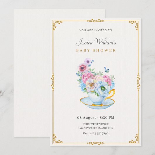 花バタフライティーカップベビーシャワー 招待状 (正面/裏面)