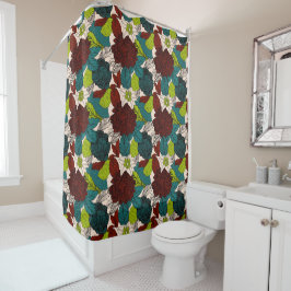 花バラ葉緑赤ティール（緑がかった色） シャワーカーテン