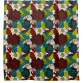 花バラ葉緑赤ティール（緑がかった色） シャワーカーテン (正面)