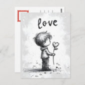 花バレンタインの葉書を持つ少年 ポストカード (正面/裏面)