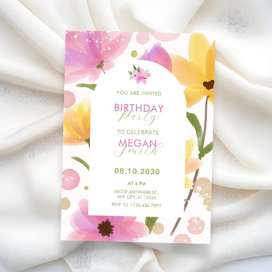 花パステルピンク黄色の誕生日 招待状