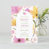 花パステルピンク黄色の誕生日 招待状 (スタンド正面)