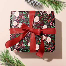 花パタモダンーンクリスマスホリデー ラッピングペーパー