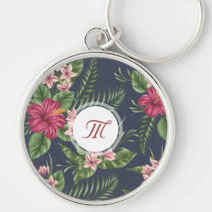 花パターンハイビスカスのモノグラム円形のKeychain キーホルダー