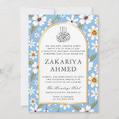花パターンブルーイスラムAqiqa Aqeeqaベビー 招待状 (正面)