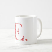 花パターン（の模様が）ある文字E赤とドット) コーヒーマグカップ (正面右)