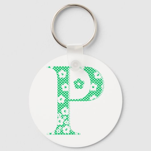 花パターン(の模様が)ある文字P (緑とドット) キーホルダー (正面)