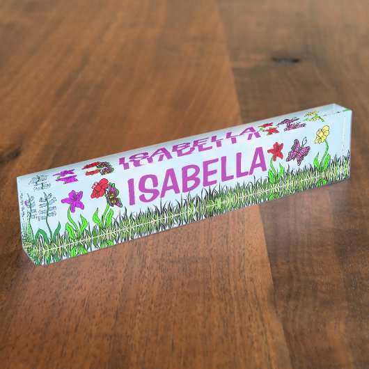 花パーソナライズされたお洒落と蝶 デスクネームプレート (側面)