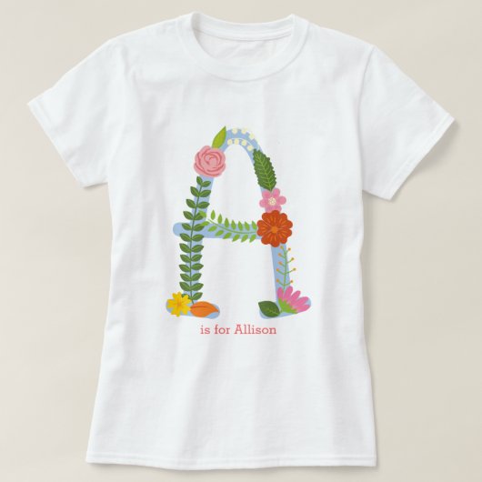 花パーソナライズされたお洒落モノグラム(A) Tシャツ (デザイン正面)