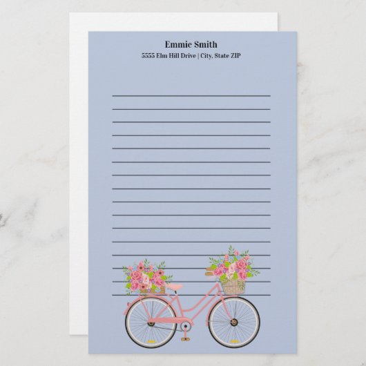 花パーソナライズされたが青い可愛らしいピンクの自転車 便箋 (正面/裏面)