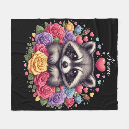 花パーソナライズされたとハートのタヌキ フリースブランケット (正面(横))