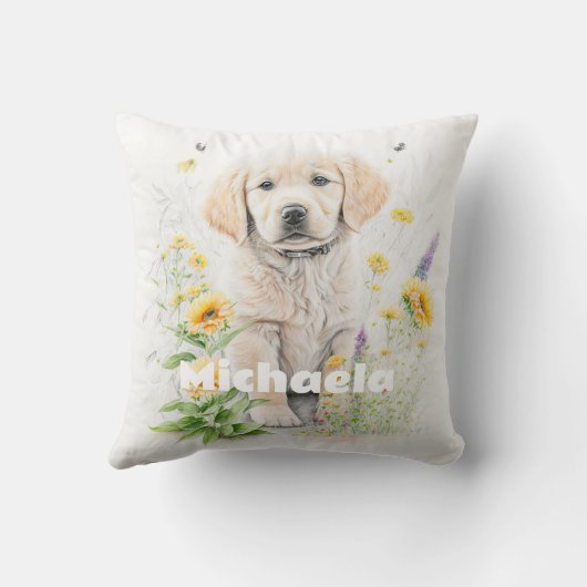 花パーソナライズされたに水彩レトリバーが咲く クッション (裏面)
