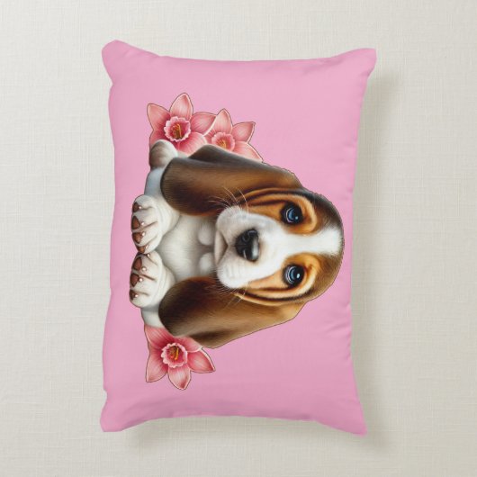 花パーソナライズされた付きバセット犬の子犬 アクセントクッション (裏面(縦))