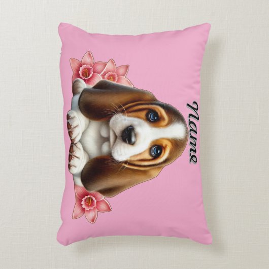 花パーソナライズされた付きバセット犬の子犬 アクセントクッション (正面(垂直))