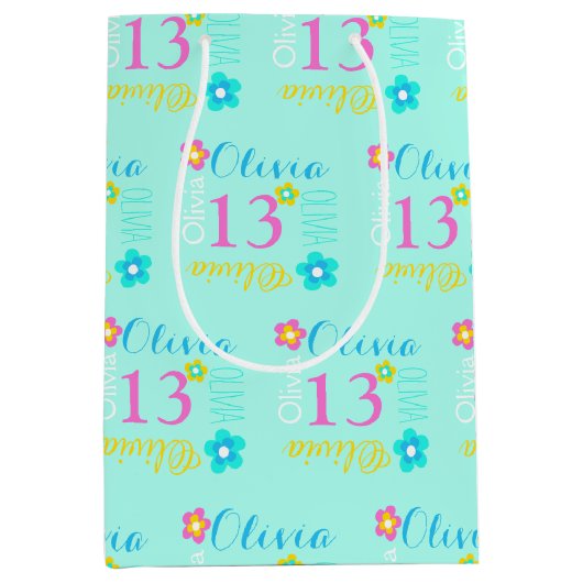 花パーソナライズされた名13歳 ミディアムペーパーバッグ (正面)