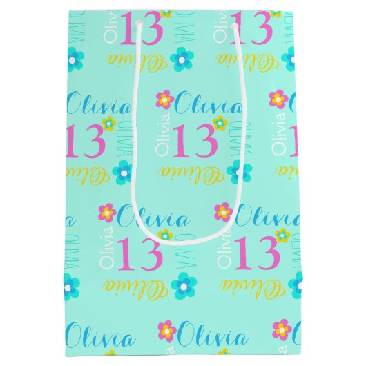 花パーソナライズされた名13歳 ミディアムペーパーバッグ (裏面)