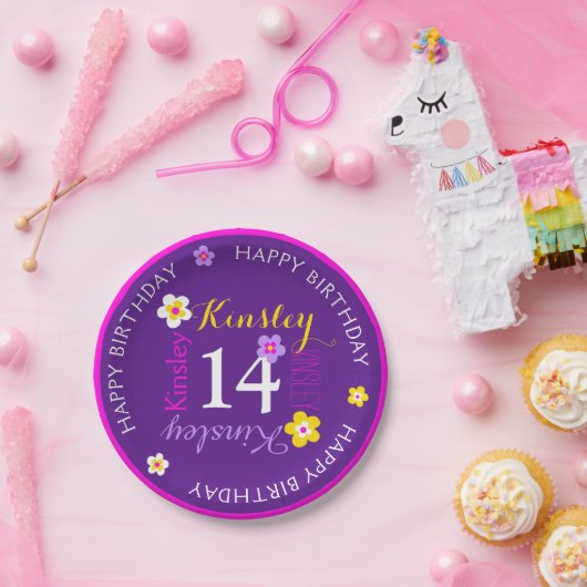 花パーソナライズされた名14歳の誕生日の紫 ペーパープレート (パーティー)