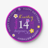 花パーソナライズされた名14歳の誕生日の紫 ペーパープレート (正面)