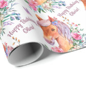 花パーソナライズされた女の子の誕生日の馬 ラッピングペーパー (ロールコーナー)