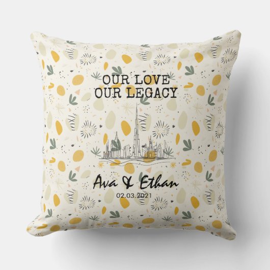 花パーソナライズされた柄のドバイスカイライン クッション (正面)