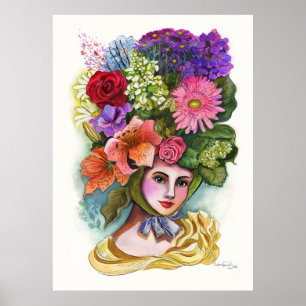 花ビクトリアンの女性の水の色絵画の ポスター
