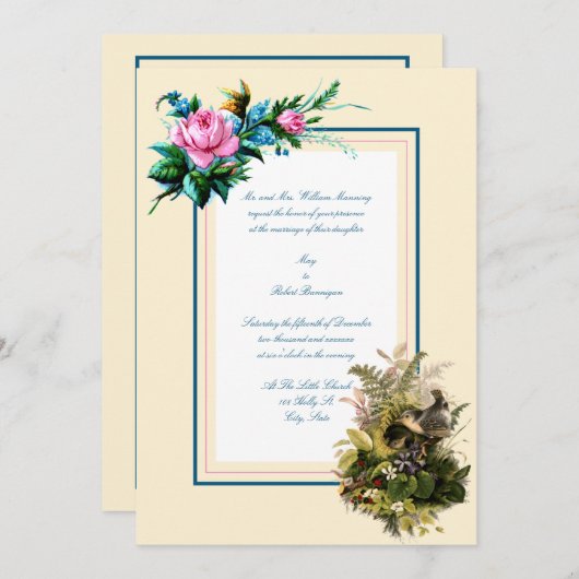 花ビクトリアンの巣に入った元鳥結婚 招待状 (正面/裏面)