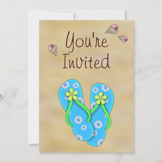 花ビーチサンダル、貝類、砂誕生日 招待状 (正面)