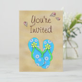 花ビーチサンダル、貝類、砂誕生日 招待状 (スタンド正面)