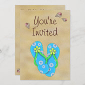 花ビーチサンダル、貝類、砂誕生日 招待状 (正面/裏面)