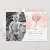 花ピンクとゴールドの1歳誕生日写真招待状 招待状 (正面/裏面)