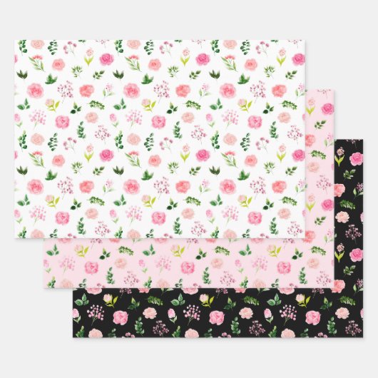 花ピンクのバラと葉 ラッピングペーパーシート (セット)
