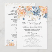 花ピンクのブライダルブルー結婚式プログラム 招待状 (正面/裏面)