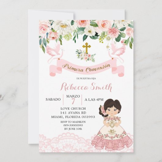 花ピンクのメキシコの少女の聖体拝領の招待状 招待状 (正面)