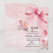 花ピンクのリボン 女の子のベビーシャワー 招待状 (正面/裏面)