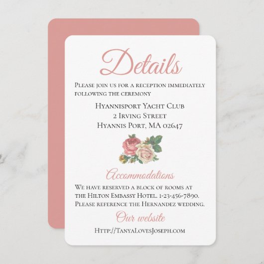 花ピンクのローズウェディング案内詳細 エンクロージャーカード (正面/裏面)