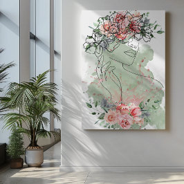 花ピンクの水を持つラインアートの女性（ばちゃばちゃ）跳ねる キャンバスプリント