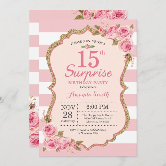 花ピンクの芍薬サプライズ 15歳の誕生日パーティー 招待状 (正面/裏面)