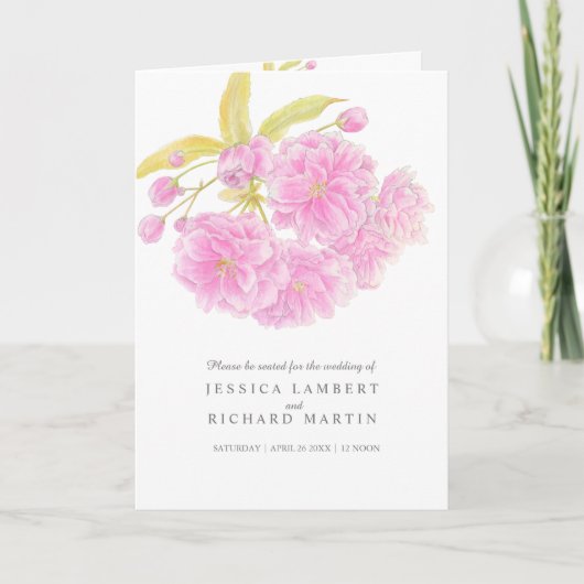 花ピンクの花の水彩アート結婚の プログラム (正面)