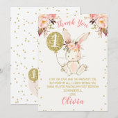 花ピンクゴールドうさぎ1歳の誕生日感謝カード 招待状 (正面/裏面)