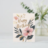 花ピンクゴールドハッピーバースデー ポストカード (スタンド正面)