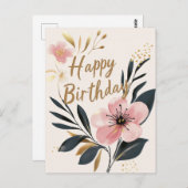 花ピンクゴールドハッピーバースデー ポストカード (正面/裏面)