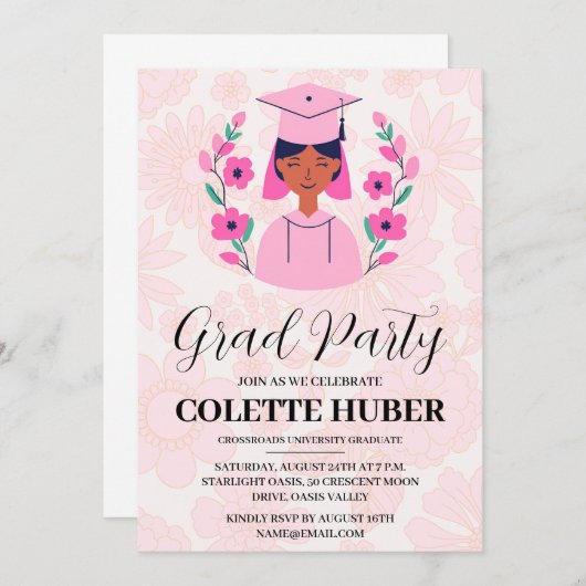 花ピンクモダンの卒業式 招待状 (正面/裏面)