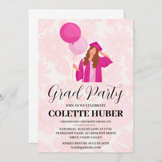 花ピンクモダンの卒業式 招待状 (正面/裏面)